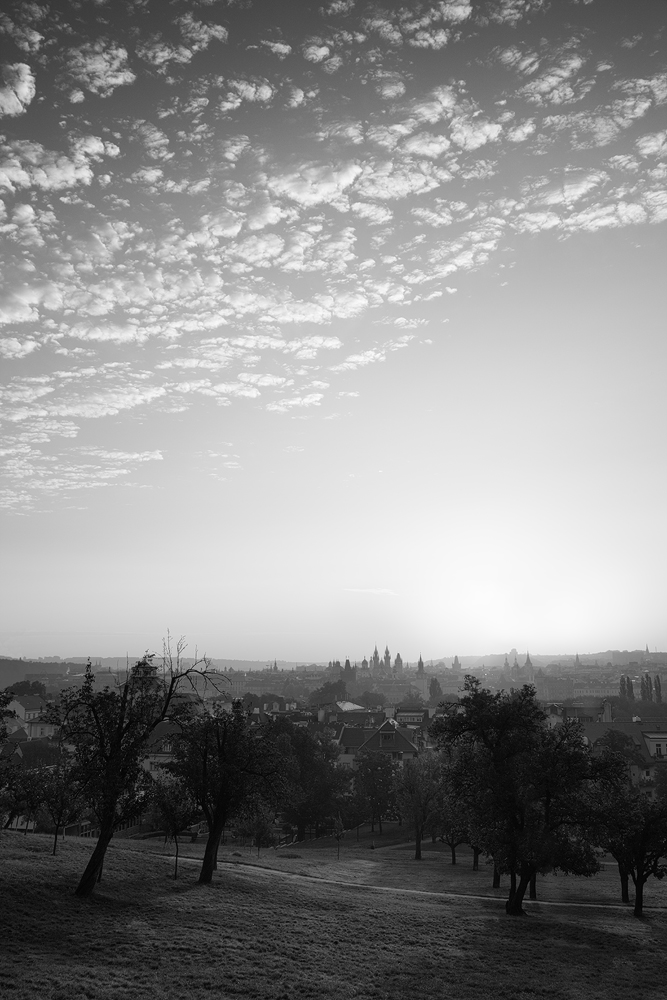 Černobílý pohled z Petřína směrem ke Starému Městu
