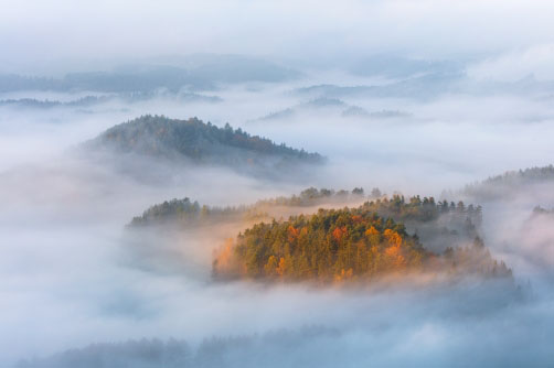 Krajina Českého Švýcarska pod mlhou